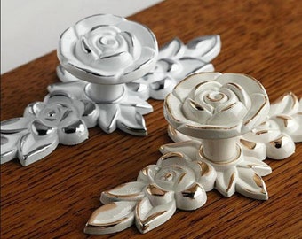 Shabby Chic Dresser Drawer Knobs Pulls Handles Creamy White Silver Gold Rose Flower Kitchen Cabinet Knobs Handles Pull Ornate Knob Hardware