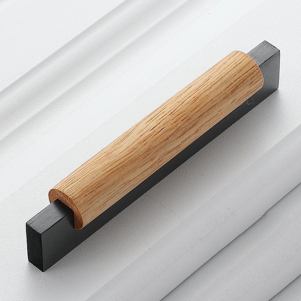 Black + Wood Cabinet Pull Handle Dresser Drawer Knobs Pulls Black Handles Unique Kitchen Furniture Hardware Modern Simple Handle