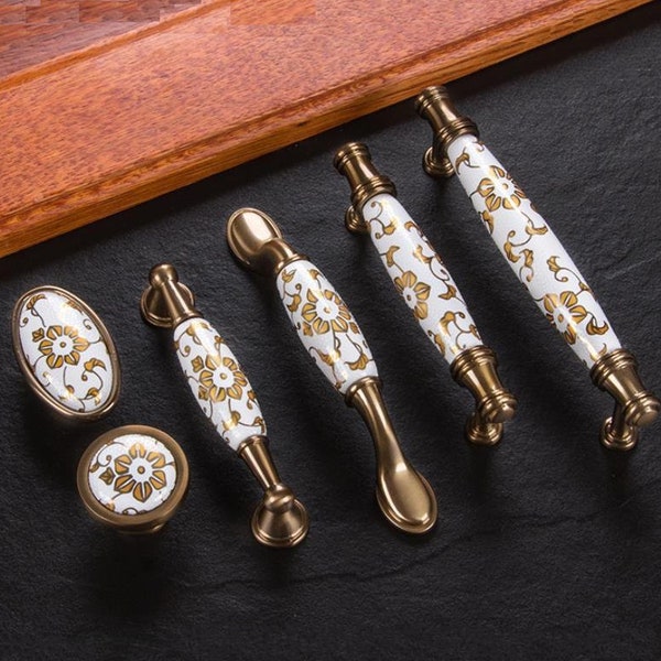 European-style Gold Ceramic Handle Cabinet Door American Modern Minimalist Wardrobe Handle Drawer Light Kitchen Cabinet Handle