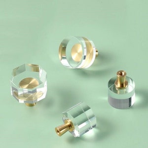 Cylindrical/Octagonal Knobs Pulls Glass Crystal Knobs Handles Dresser Drawer Pulls Handles Transparent +Brass Door Cabinet Handles Knobs