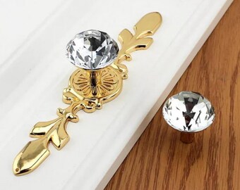 Glass Dresser Knob Pull Crystal Drawer Knobs Pulls Handle Gold Silver Chrome Clear Rhinestone Kitchen Cabinet Door Handle Back Plate Bling