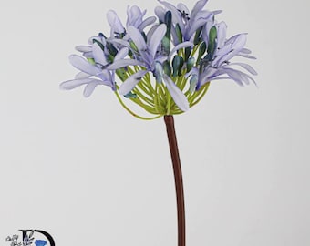 May include: A single artificial agapanthus flower stem featuring a cluster of light purple, star-shaped blossoms with slender petals. The flower head is supported by a green, multi-branched base attached to a long, smooth, dark brown stem.