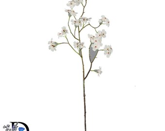 May include: A single artificial floral stem featuring multiple small white blossoms with delicate brown centers. The branch has a slender, textured brown stalk with several offshoots, small green leaves, and numerous white flowers arranged along the length.