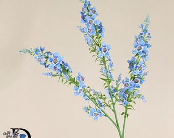 May include: A faux floral stem featuring multiple spikes of light blue flowers with dark purple centers and green foliage. The petals have a soft, rounded shape, and the stem branches into three distinct sections, each covered in small blossoms.