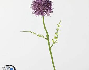 May include: A single artificial flower with a spherical, purple, spiky bloom head. The flower is attached to a long, slender, smooth green stem that features two small, thin, serrated green leaves extending from the sides of the stalk.