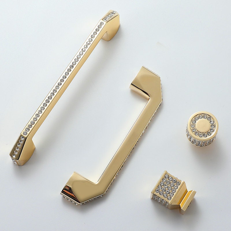 Bright Gold With Diamonds Knob Kitchen Pull Drawer Etsy