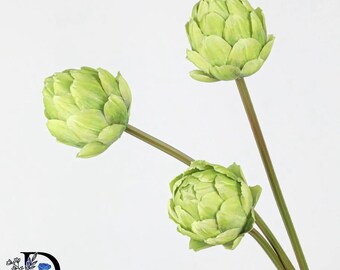 May include: Three artificial artichoke heads in varying shades of light green, each attached to a slender, brown-green stem. The artichoke petals are tightly layered and rounded, creating a realistic botanical appearance against a plain background.