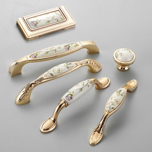 Golden Pattern Ceramics Knobs Kitchen Cabinet Pulls Drawer Knobs Pulls Handles Dresser Pulls Zinc Alloy Door Knobs Handle Furniture Hardware