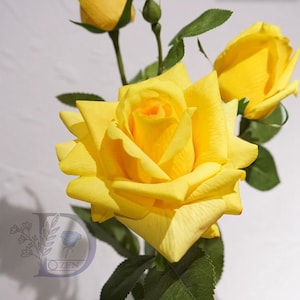 Op de afbeelding: Close-up van levendige gele rozen met meerdere bloemblaadjes, groene bladeren en stelen. De rozen staan in volle bloei, met een paar knoppen zichtbaar. De afbeelding is goed belicht, waardoor de textuur en kleur van de bloemen worden benadrukt. Het thema is bloemen en botanisch.