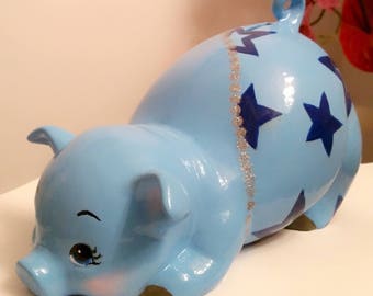 Boys/girls piggy bank, blue stars bank, baby piggy bank, personalized piggy bank, ceramics piggy bank, baby gift, baby shower gift