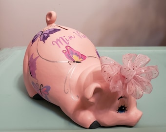 Pink Piggy Bank With Butterflies and Custom Bow