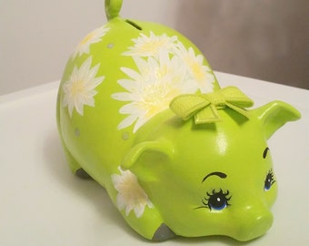 Personalized Ceramic Piggy Bank: Citrus Green with Flowers, Baby Gift
