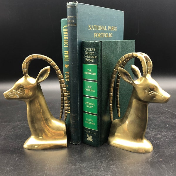 Brass Ibex Bookends, Vintage Hollywood Regency Ibex Antelope Bookend Pair, Gold Shelf Decor