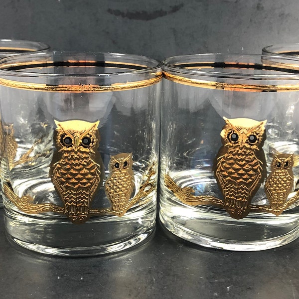 Vintage Culver Whiskey Scotch Bourbon Lowball Glasses, Set of Six 22 KT Gold Owl Barware, Mid Century Bar Ware, On the Rocks Cocktail