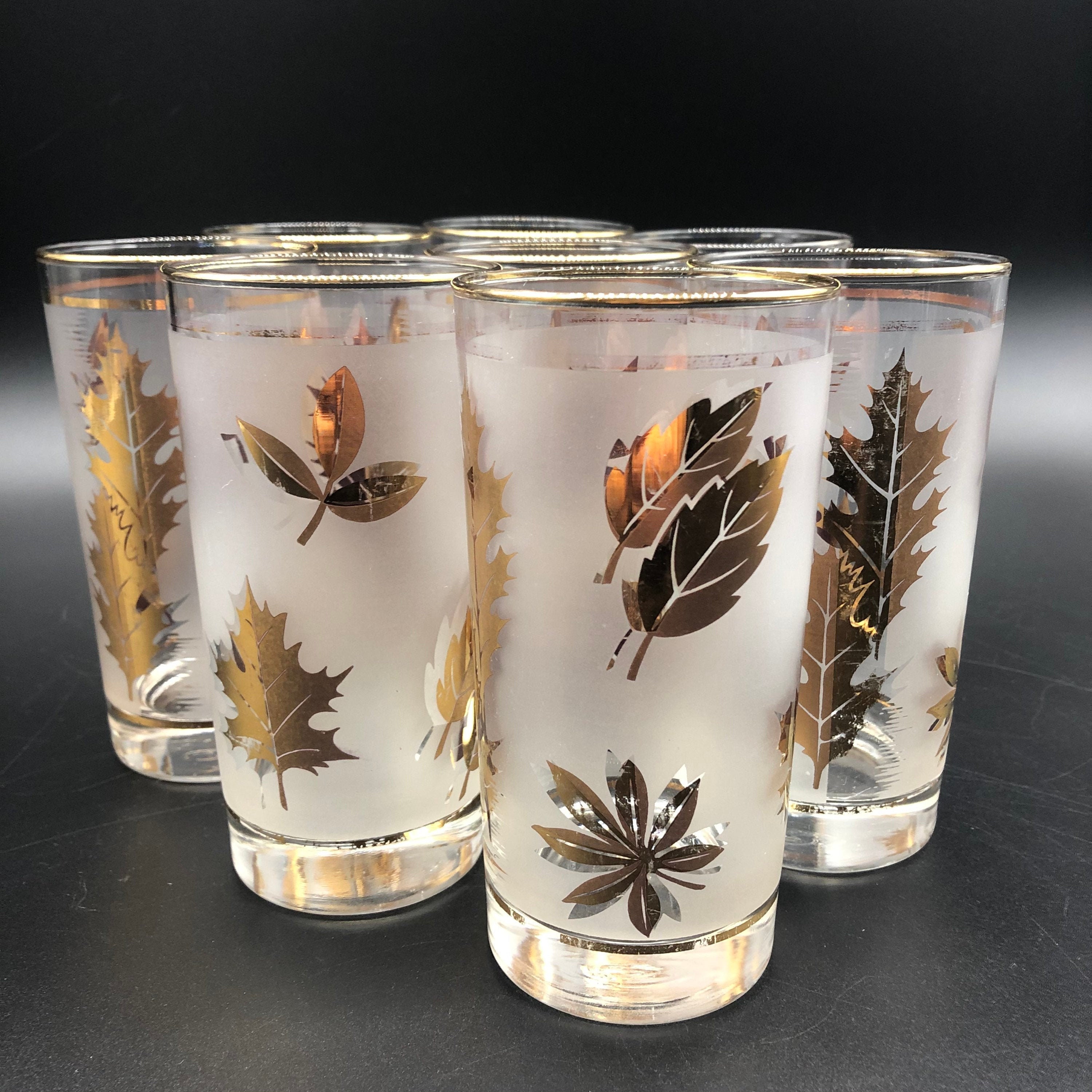 Vintage Set of 8 Libbey MCM Frosted Gold Leaf Glasses Libby Etsy