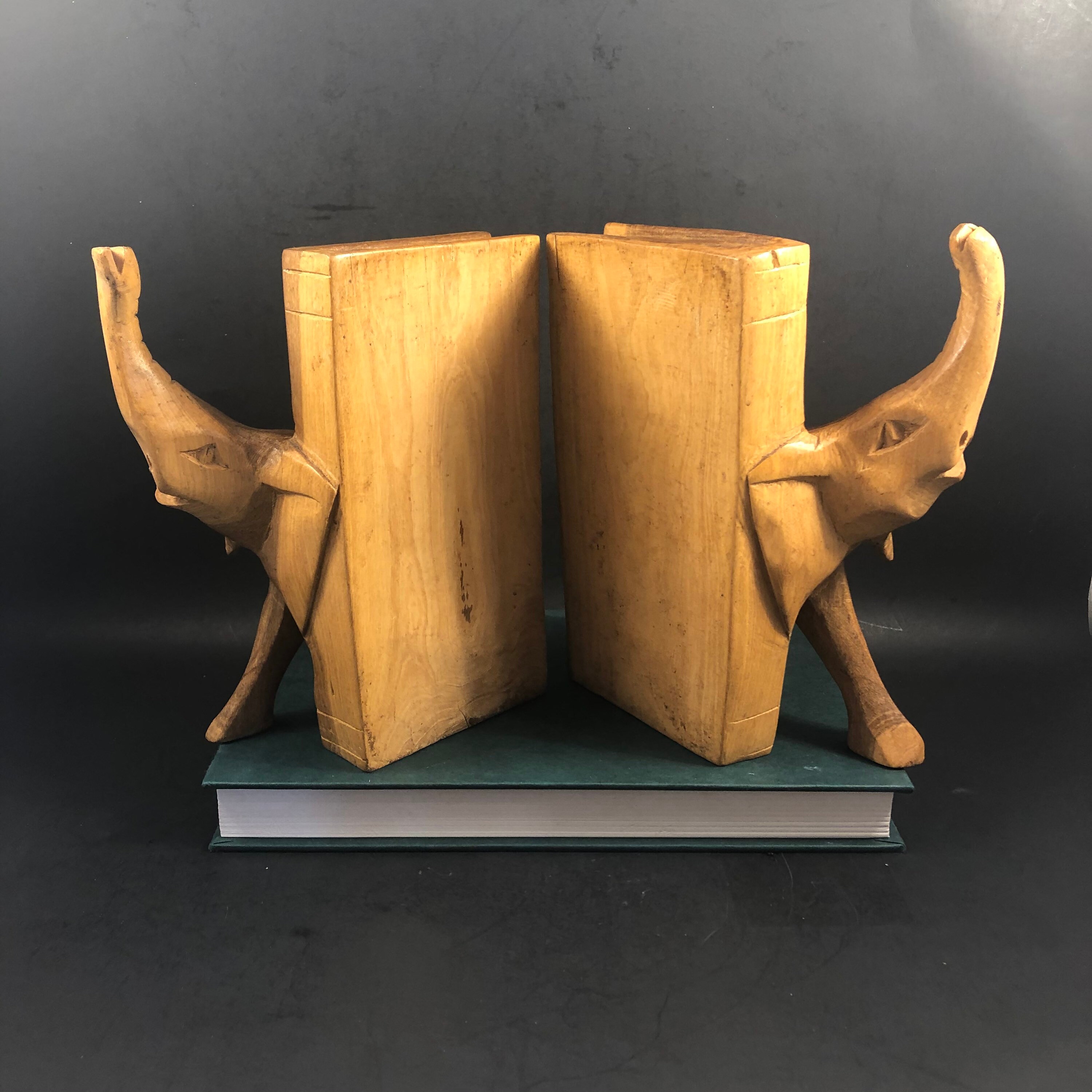 Elephant Bookends Hand Carved Wood Bookend Vintage Elephant Etsy