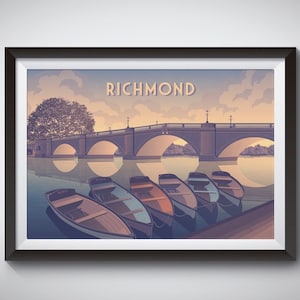 Richmond Travel Poster, London, Richmond Bridge, River Thames, Twickenham, South West London, Richmond Park, Vintage Travel Print, Retro Art