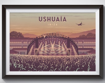 Cartel de la discoteca Ushuaia, cartel de viaje de Ibiza, arte de España, música house, superclub, música dance, raving, Djs, impresión vintage, Eden, DC10, Hi
