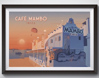 Cartel de viaje de Cafe Mambo, Ibiza España, San Antonio, Pacha Ibiza, Discoteca, Música de baile, Fiestas, Clubbing, Ibiza Raving, Arte de pared enmarcado