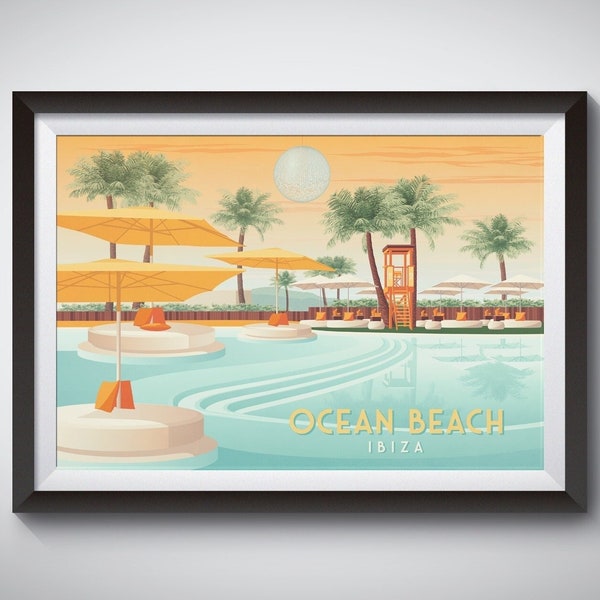 Ocean Beach Club Travel Poster, Ibiza Spain Travel Poster, O Beach, Day Club, DJs, San Antonio, Pool Party, Ibiza Rave, Ibiza Club Posters