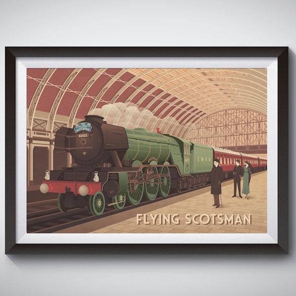 Flying Scotsman Poster, Steam Train, Steam Locomotive, Vintage Railway Poster, Travel Print, Wall Art Gift, Art Deco, Trainspotting Hobby
