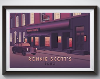 Lámina de Ronnie Scott, Póster de viaje del Soho de Londres, Club de jazz, Lugar de música blues, Café de jazz, West End, Arte de pared retro, Concierto, Obra de arte enmarcada