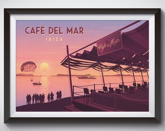 Cartel de viaje de Cafe Del Mar, Ibiza, España, Puesta de sol, Bar, San Antonio, Cartel de viaje de España, Beach Club, Ibiza Raving, Cafe Mambo, Space, Pacha