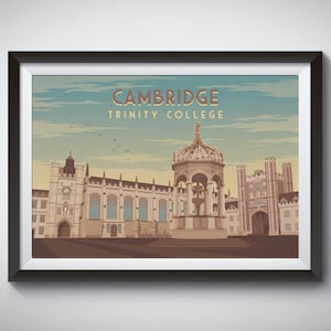 Trinity College Cambridge Travel Poster, Cambridgeshire, Cambridge University, Great Court, Bridge Of Sighs, Architecture, Retro Art, Framed