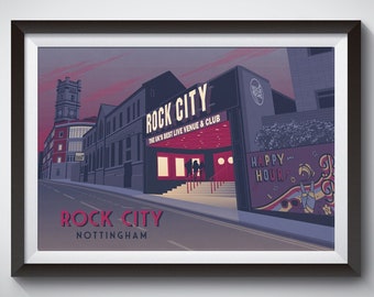 Cartel de viaje de Rock City Nottingham, lugar de música, arquitectura, ciudad de Nottingham, impresión de club nocturno, música en vivo, música indie, música rock, conciertos