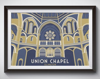 Union Chapel Poster, Highbury and Islington, London Travel Print, Music Venue Print, Gig Poster, Camden, Chalk Farm, Church, Theatre, Music