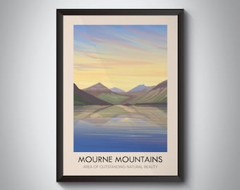 Mourne Mountains AONB Travel Poster, Northern Ireland, Slieve Donard, Mournes, Vintage Travel Print, Framed Artwork, National Park, Hiking