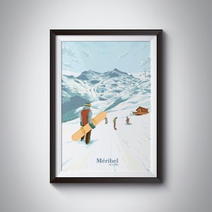 Meribel snowboardposter, snowboardcadeau, Franse Alpen, kaart 3 valleien, vintage print, retro, Frankrijk, bergkunst, muurdecoratie, skigebied