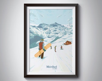 Meribel Snowboarding Poster, Snowboard Gift, French Alps, 3 Valleys Map, Vintage Print, Retro, France, Mountain Art, Wall Decor, Ski Resort