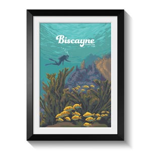 Biscayne National Park Poster, Florida, USA Travel Print, Scuba Diving, Biscayne Bay, The Florida Keys, Coral Reef, Artwork, Retro Gift