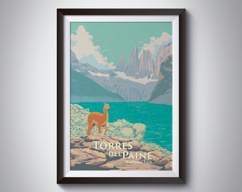 Torres del Paine National Park Poster, Patagonia Chile Travel Print, Guanaco, South America, Cuernos del Paine, Adventure, Mountains, Hiking