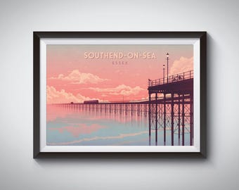 Southend on Sea Essex Seaside Travel Poster, Southend Pier, Framed Travel Print, Adventure Island, Westcliff, Leigh on Sea, Vintage Wall Art