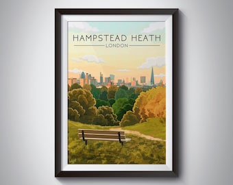 Póster de Hampstead Heath, Parliament Hill, Impresión de London Park, Gospel Oak, Highgate, Horizonte de Londres, Arte mural, Monumento, Estanques, Hyde Park