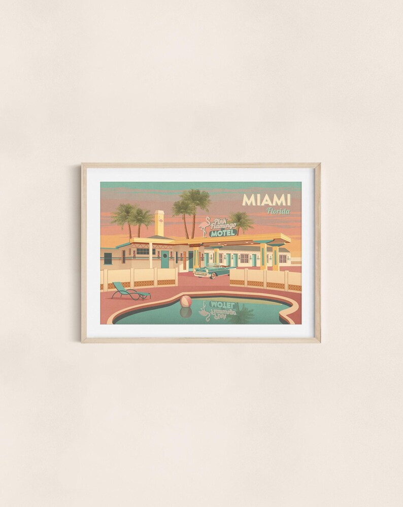 Miami Florida Reise Poster, USA, Retro Miami Druck, Vintage Hottel Art, Americana, Route 66, Nationalpark Poster, Spring Break, Magic City Bild 5