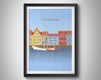 Dänemark Minimal Reise Poster, Hafen von Kopenhagen Reise Druck, Skandinavische Wandkunst, gerahmter Druck, Stadtansicht, Nyhavn Hafenviertel, Illustration