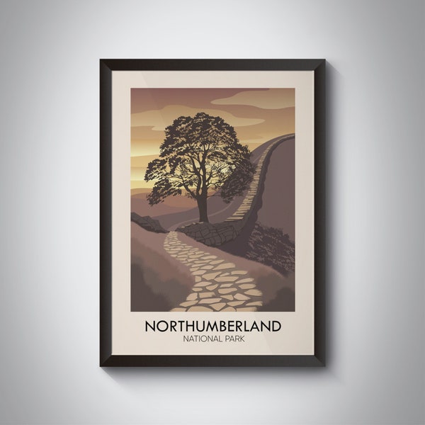 Northumberland National Park Poster, Sycamore Gap Tree, Hadrians Wall Print, Vintage UK Travel Poster, Wall Art Print Gift, Framed Print Art