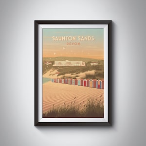 Cartel de Saunton Sands, Devon, Braunton, North Devon AONB, River Taw, Impresión de viaje vintage, Surf, Hotel Saunton Sands, Playa, Regalo junto al mar