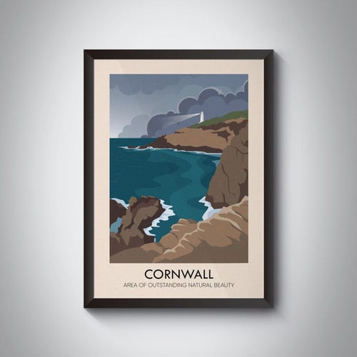 Cornwall AONB Travel Poster, Cornwall, UK, Trevose Head Lighthouse, Walking, Hiking, Vintage Travel Print, Bodmin Moor, Cornish Wall Art