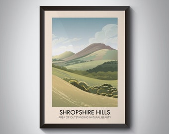 Shropshire Hills AONB Poster, Shropshire UK, West Midlands, Shrewsbury, Vintage Travel Print, Retro Wall Art, Framed Print, Caer Caradoc