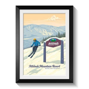 Attitash Mountain Resort poster, New Hampshire Wall Art Print, witte bergen snowboard, USA wintersport decor, outdoor avontuur artwork