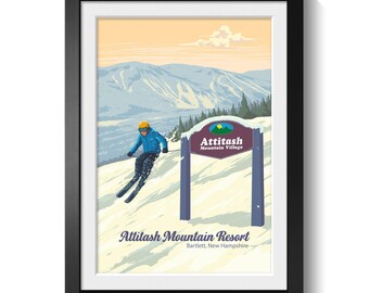 Attitash Mountain Resort Poster, New Hampshire Wall Art Print, White Mountains Snowboard, USA Winter Sport Decor, Outdoor Adventure Artwork