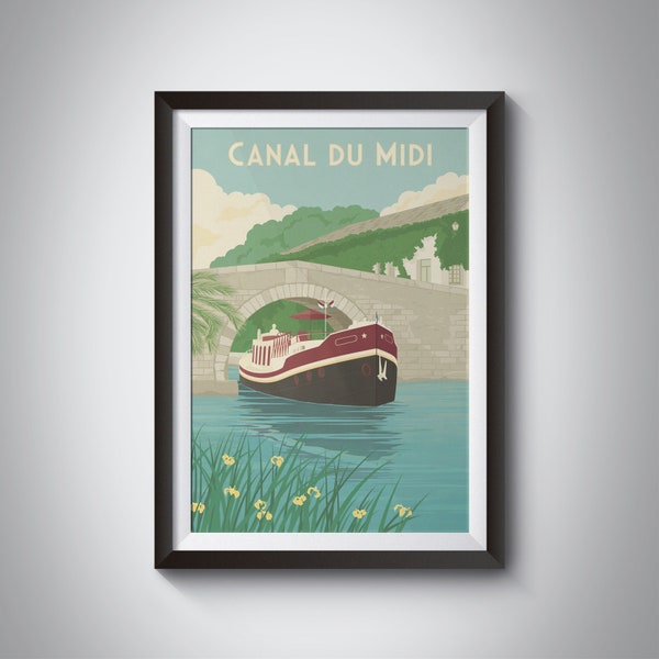 Canal du Midi Poster, Southern France Travel Print, Carcassonne, Beziers, Canal Boat Art, French Barge, Vintage Print, Retro Wall Art Gift