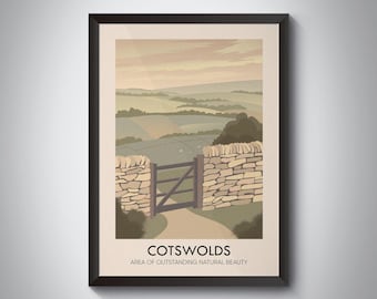 Póster de la AONB de los Cotswolds, Gloucestershire, Oxfordshire, sendero para caminar Cotswold Way, impresión de viaje vintage, campiña británica, enmarcado, Bibury