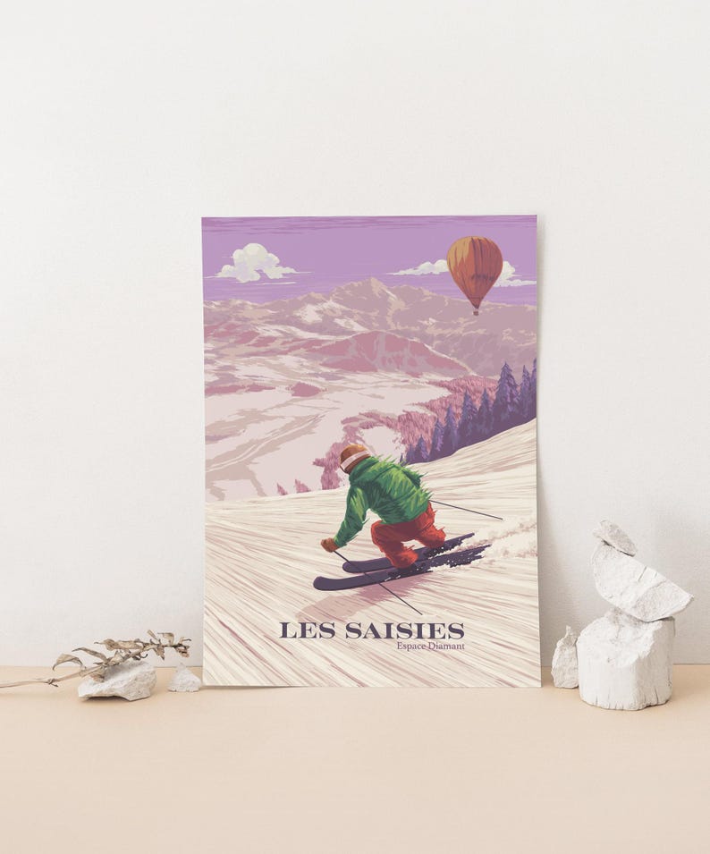 Cartel de la estación de esquí de Les Saisies, Francia, Espace Diamant, Hauteluce, Alpes franceses, Saboya, Albertville, Vintage Travel Print, Snowboard Art imagen 6