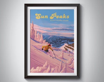 Sun Peaks Ski Resort Poster, British Columbia Canada Travel Poster, Vintage Skiing Print, Kamloops BC, Rocky Mountains, Snowboarding, Framed