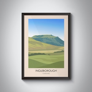 Ingleborough Travel Poster, Yorkshire Dales National Park, Yorkshire Three Peaks, Whernside, Pen-y-ghent, Vintage Travel Print, Hiking, Art